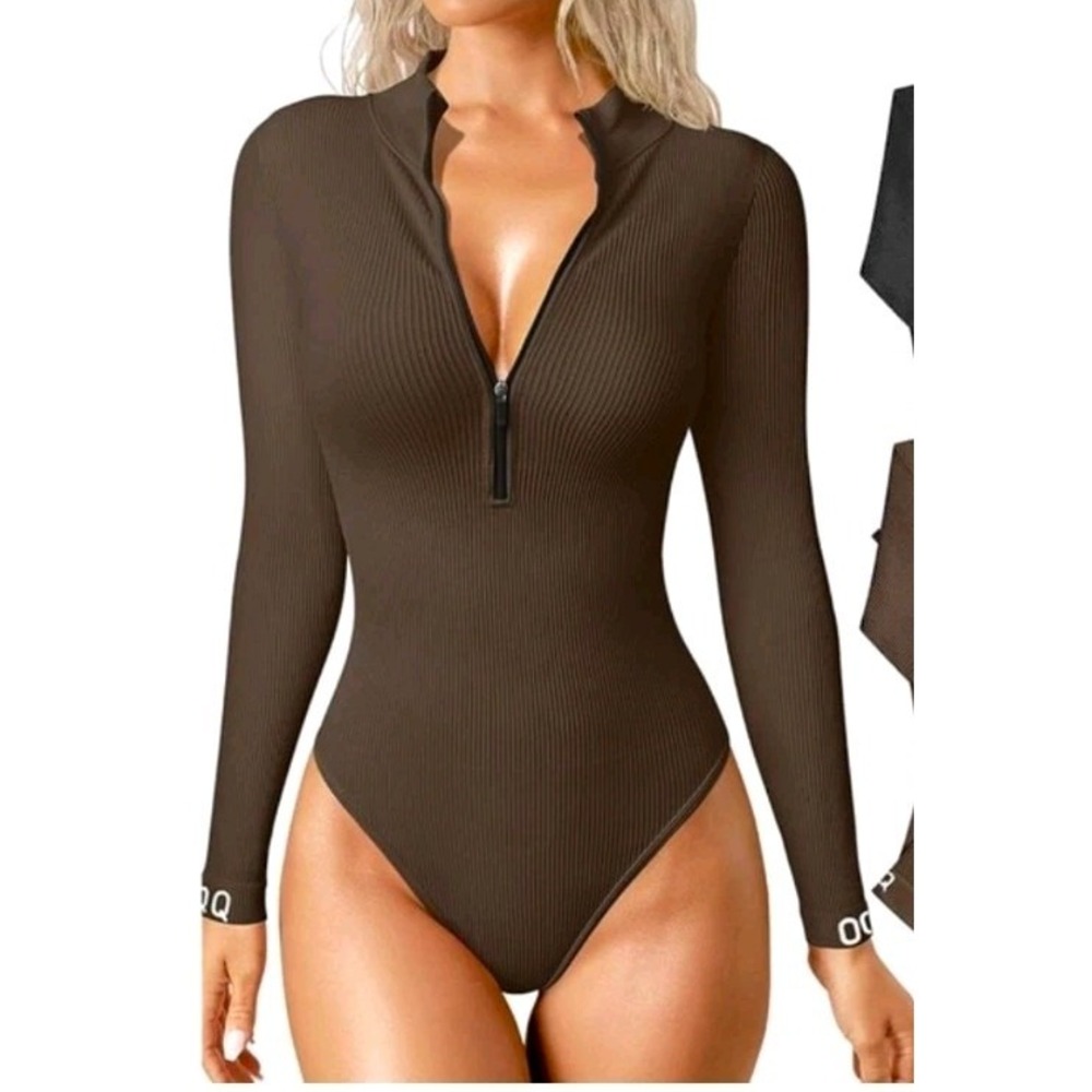 OQQ Brown Ribbed Long Sleeve Bodysuit Half Zip Stand Collar Athleisure Size S